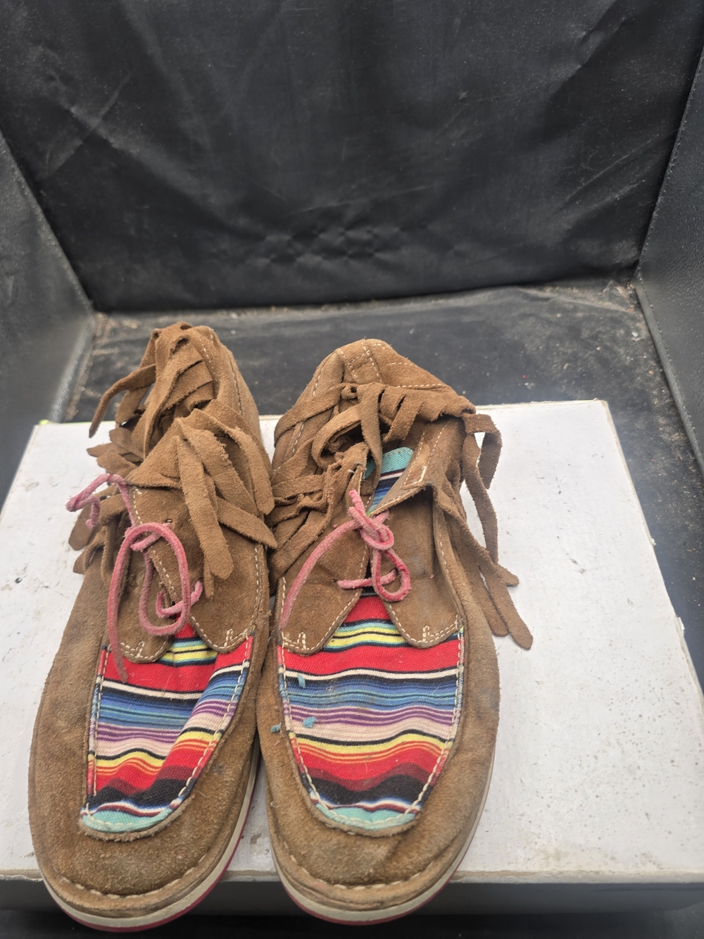 Ariat Brown Suede Fringe Moccasins with Multicolor Stripe Panel